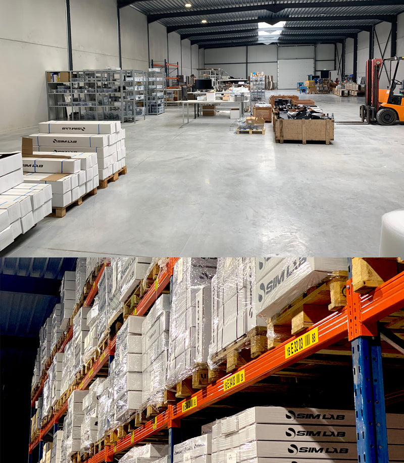Sim-Lab warehouse in 2021, showcasing organized inventory and sim racing gear ready for shipment.