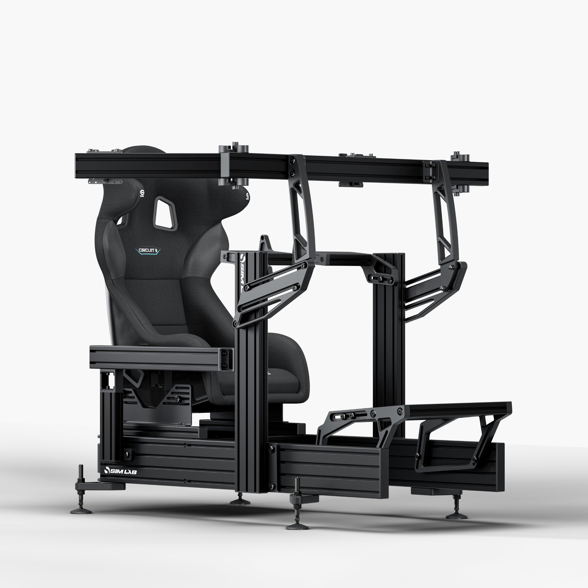 P1X Ultimate sim racing cockpit with Fanatec DD mount, Sparco Circuit II and integrated triple monitor mount