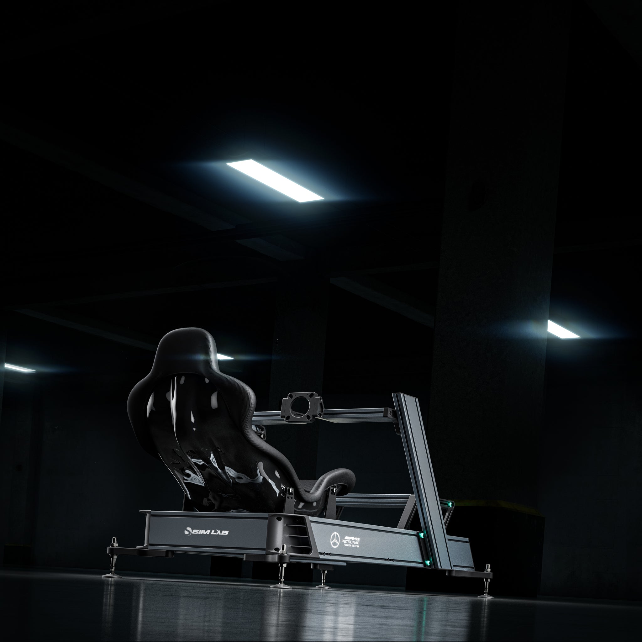 Formula One Team sim racing cockpit with racing seat in a garage setting.