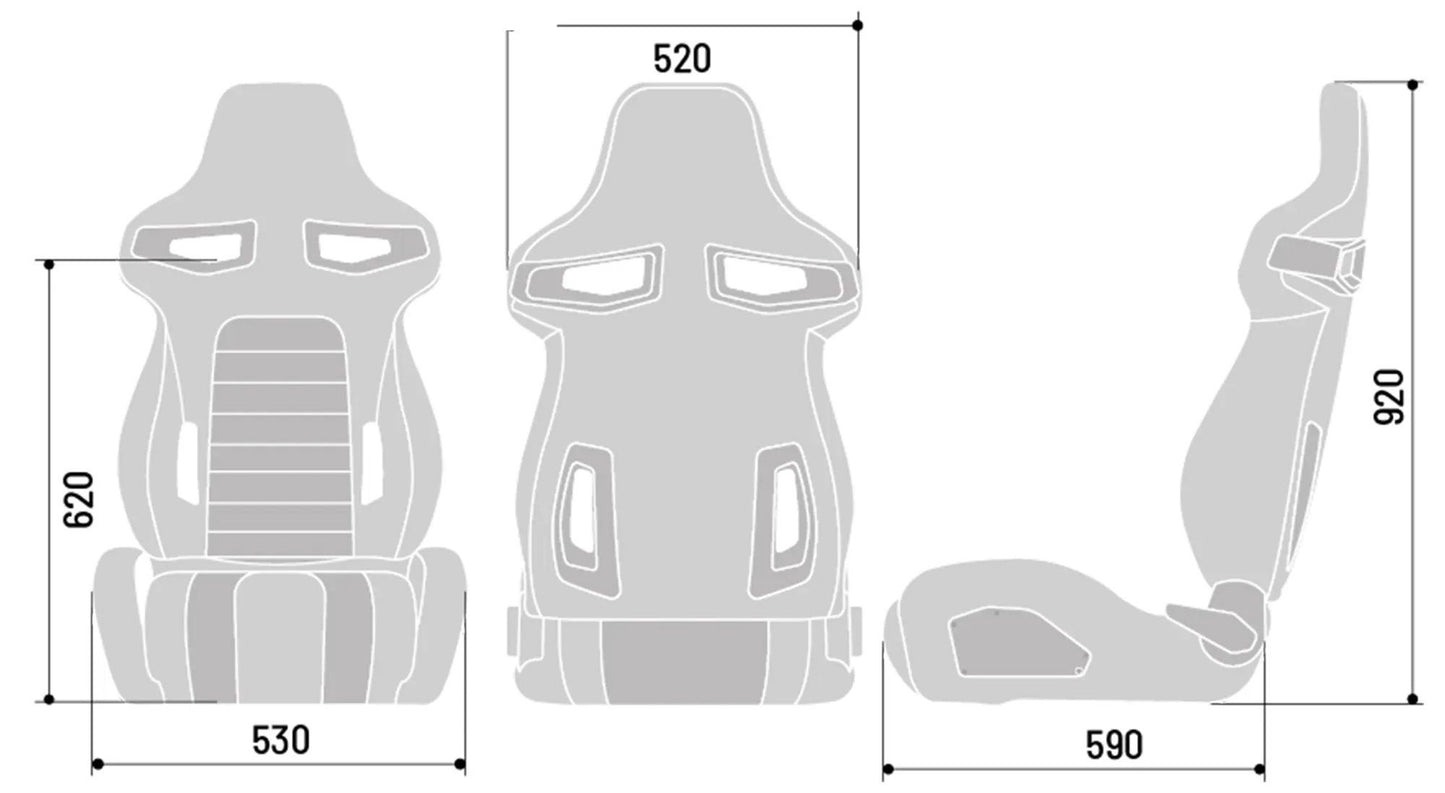 Diagram with the measurements of the R33 sim racing seat.