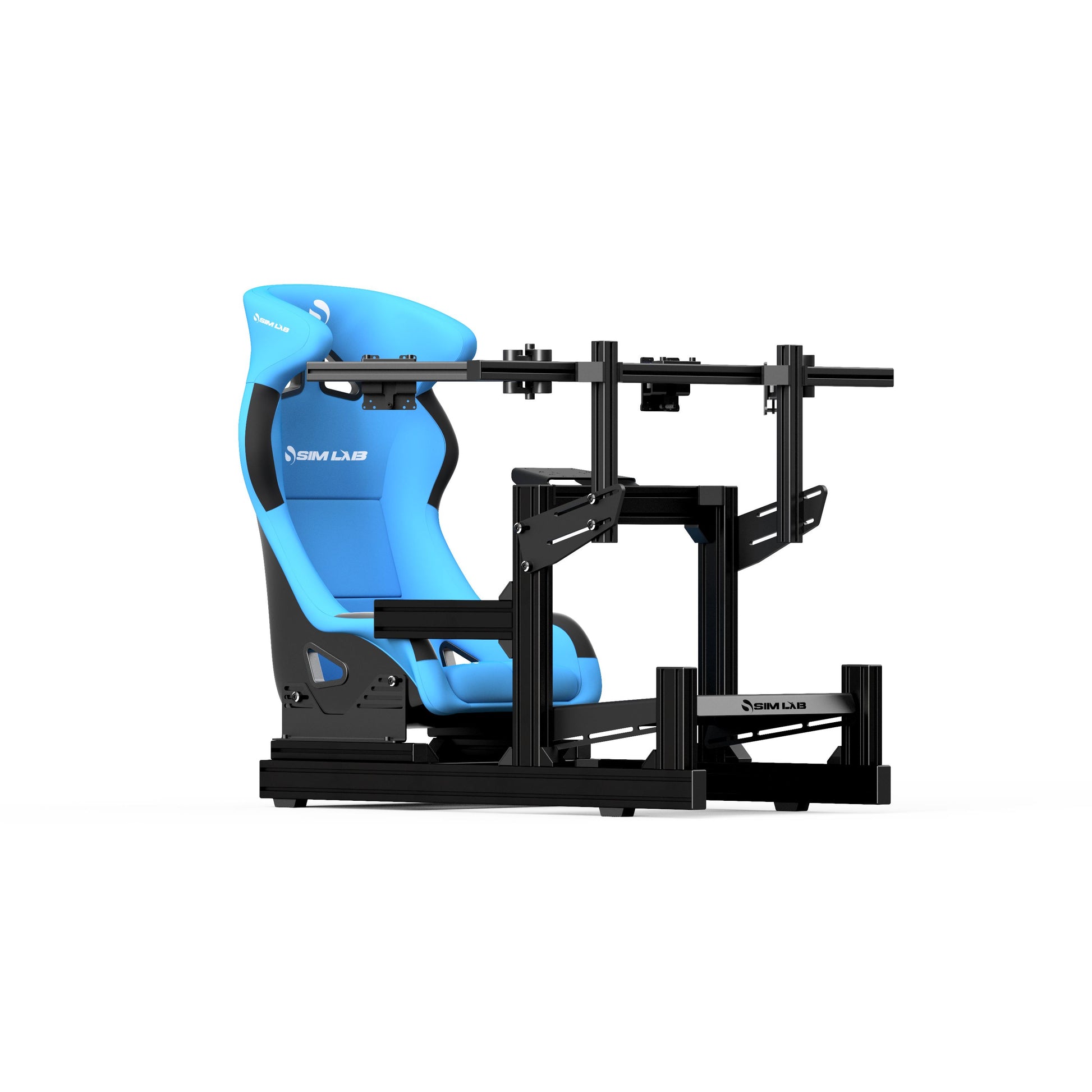 GT1 EVO Sim Racing Cockpit with Blue Speed1 Seat and Integrated GT1 Vario Triple Monitor Mount