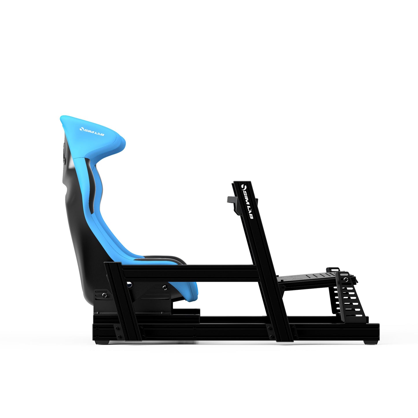 Side View of GT1 PRO Sim Racing Cockpit with Blue Speed1 Seat