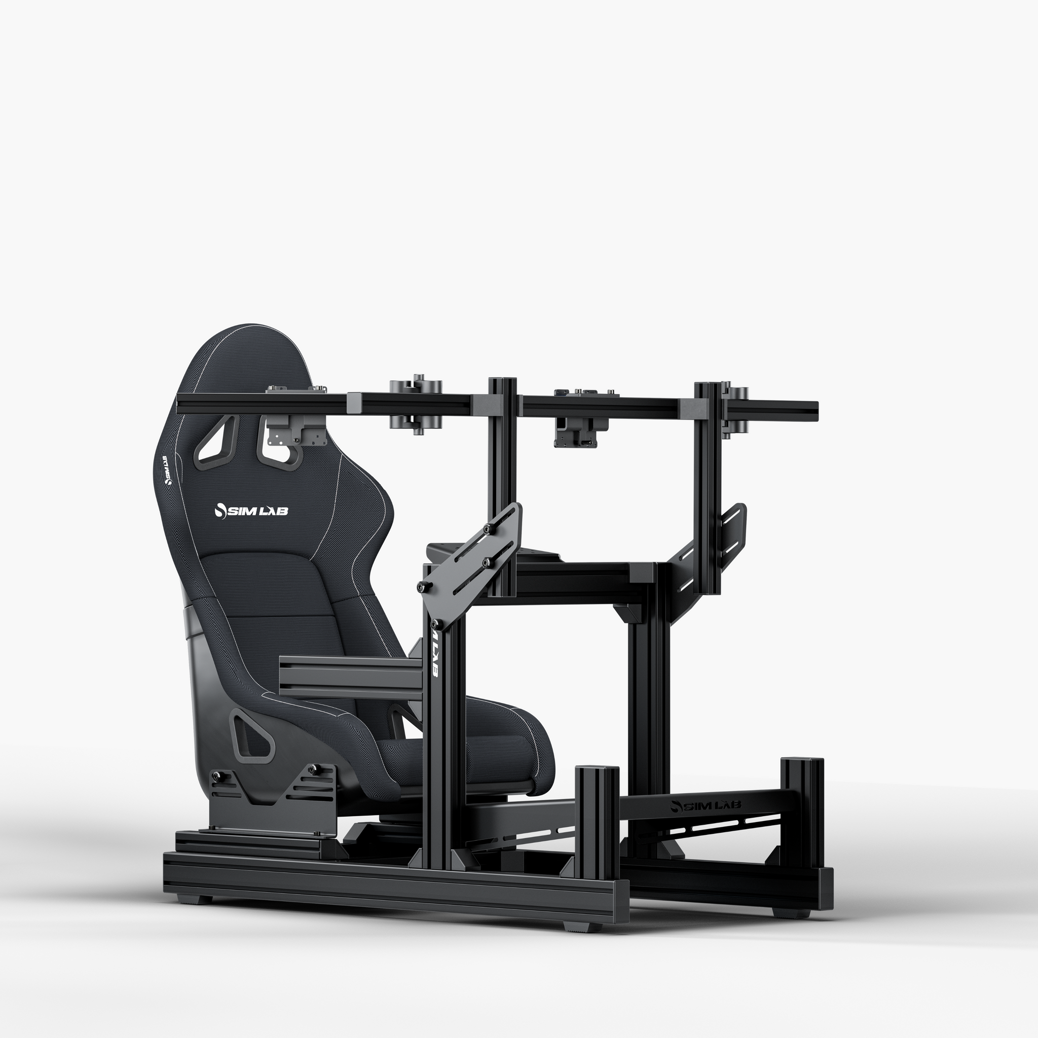 GT1 Evo Sim Racing Cockpit with S1 Sport Black seat and Integrated Triple Monitor Mount