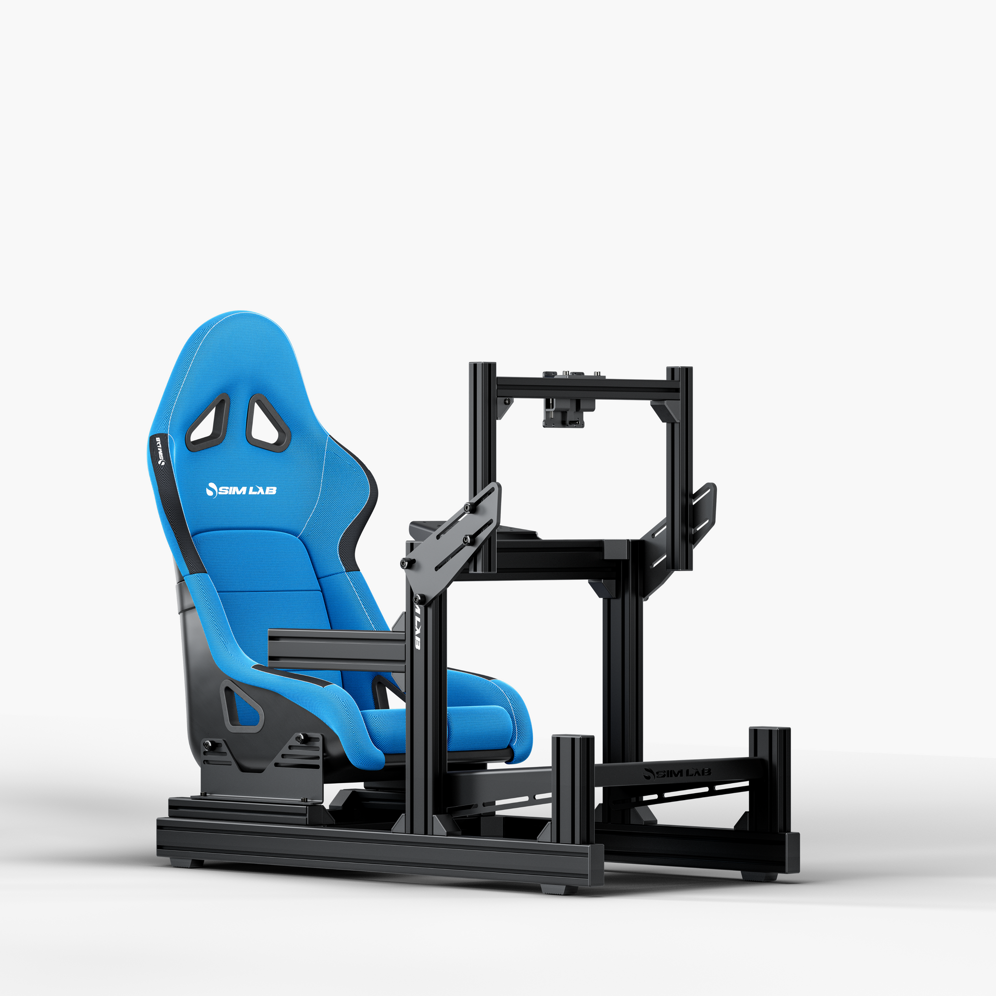GT1 Evo Sim Racing Cockpit with S1 Sport Blue seat and Integrated Single Monitor Mount