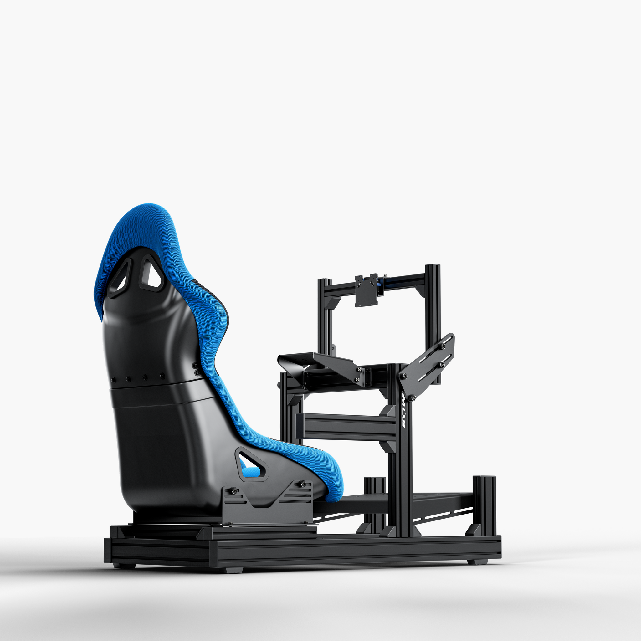 GT1 Evo Sim Racing Cockpit with S1 Sport Blue seat and Integrated Single Monitor Mount
