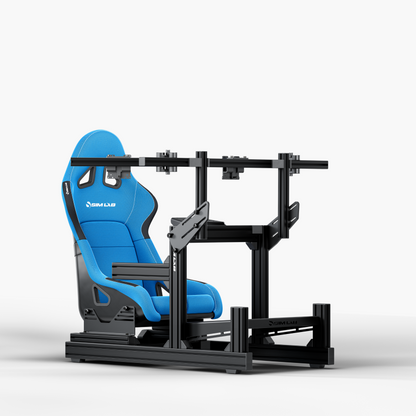 GT1 Evo Sim Racing Cockpit with S1 Sport Blue seat and Integrated Triple Monitor Mount
