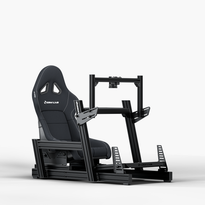 GT1 Pro Sim Racing Cockpit with S1 Sport Black seat and Integrated Single Monitor Mount