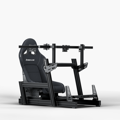 GT1 Pro Sim Racing Cockpit with S1 Sport Black seat and Integrated Triple Monitor Mount