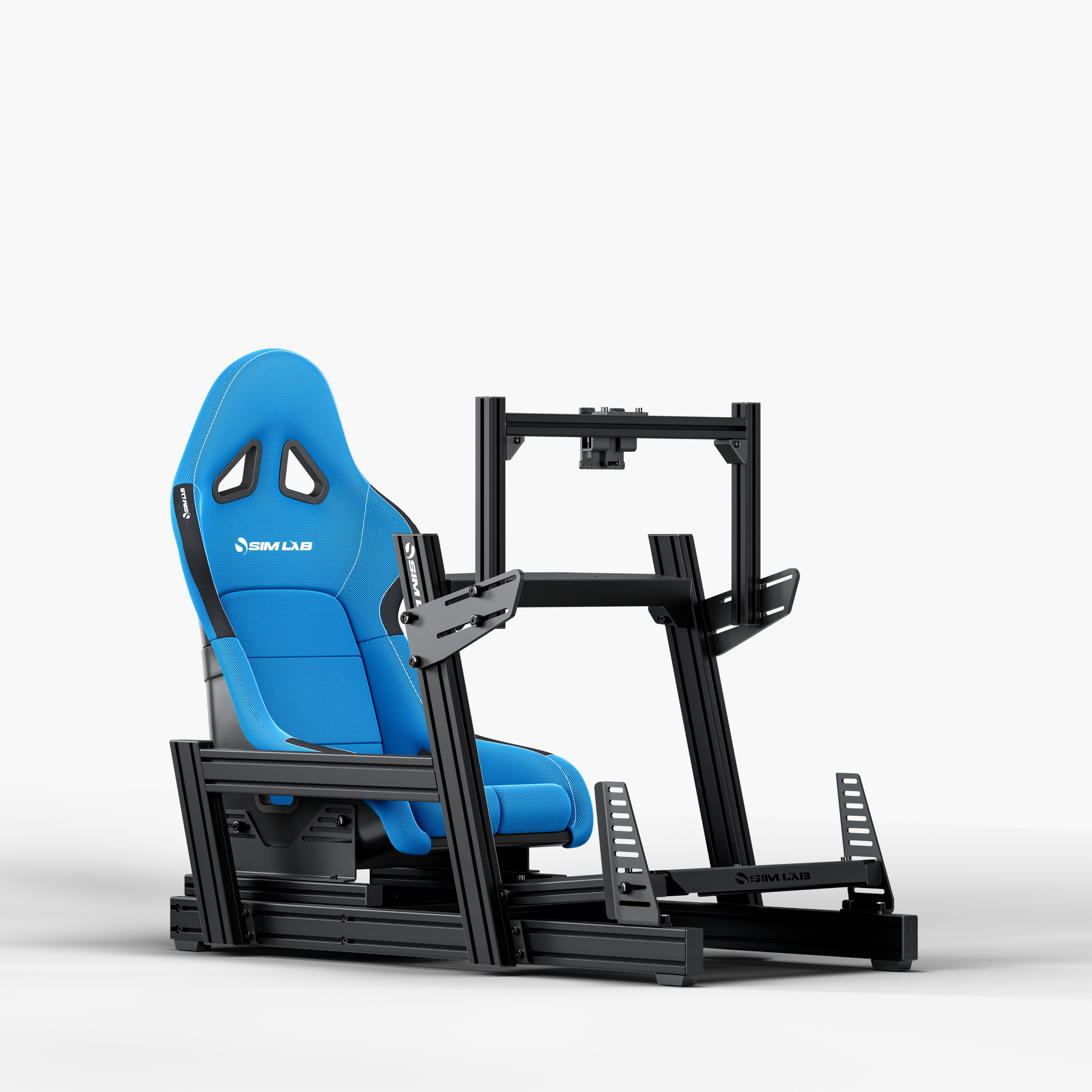 GT1 Pro Sim Racing Cockpit with S1 Sport Blue seat and Integrated Single Monitor Mount