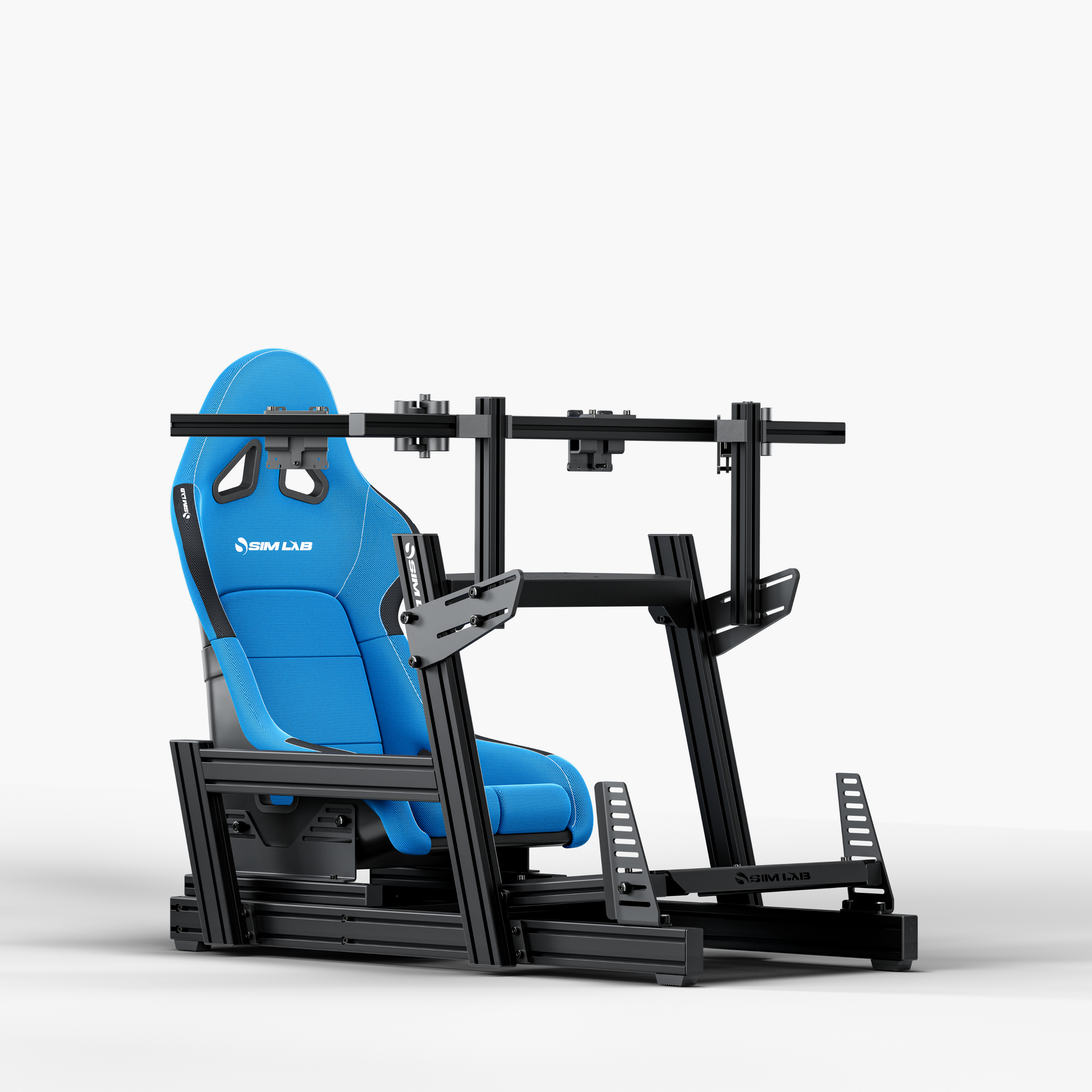 GT1 Pro Sim Racing Cockpit with S1 Sport Blue seat and Integrated Triple Monitor Mount