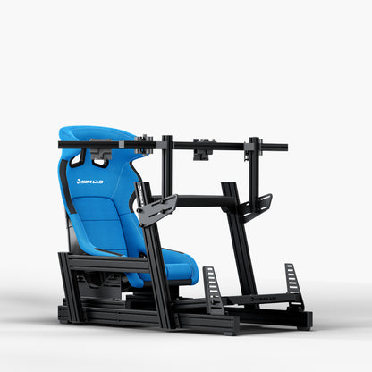 GT1 Pro Sim Racing Cockpit with GT1 Integrated Triple Monitor Mount and S1 Enduro GT Seat Blue