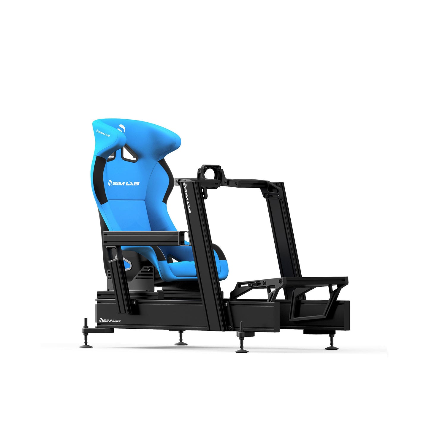 P1X PRO sim racing cockpit with the front wheel mount, and blue Speed1 seat