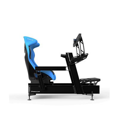 Side view of the P1X PRO sim racing cockpit with the blue Speed1 seat and Integrated Vario single monitor mount