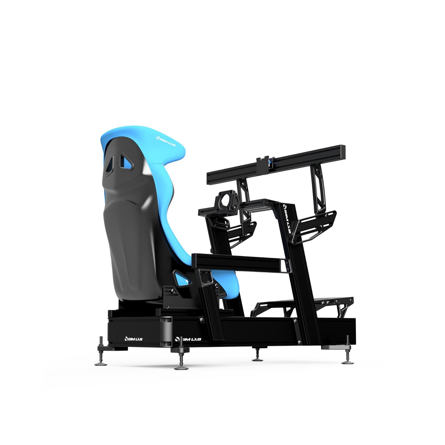 Back view of the P1X PRO sim racing cockpit with the blue Speed1 seat and Integrated Vario single monitor mount