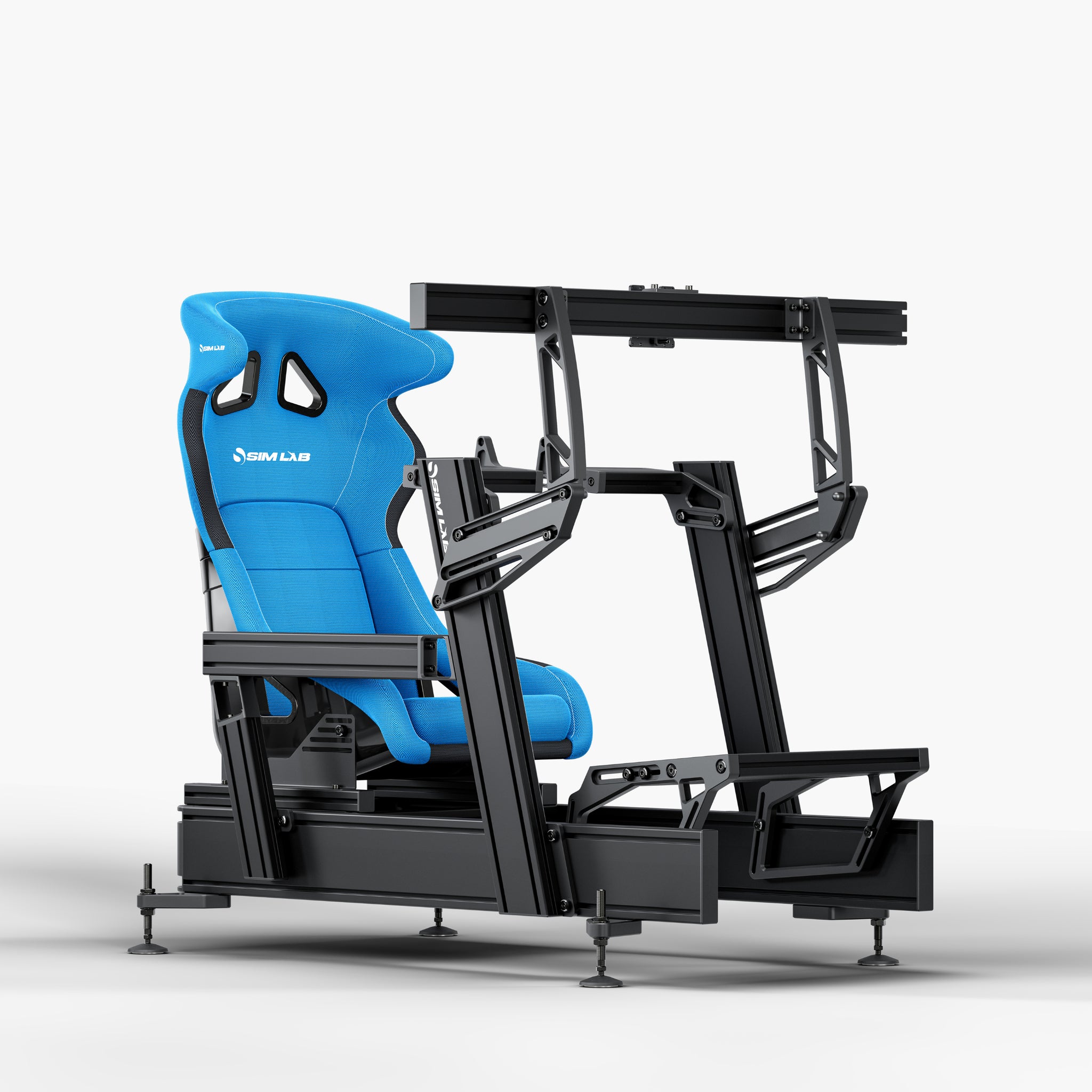 P1X Pro Sim Racing Cockpit with Fanatec DD mount, S1 Enduro GT Seat in blue and integrated single monitor mount