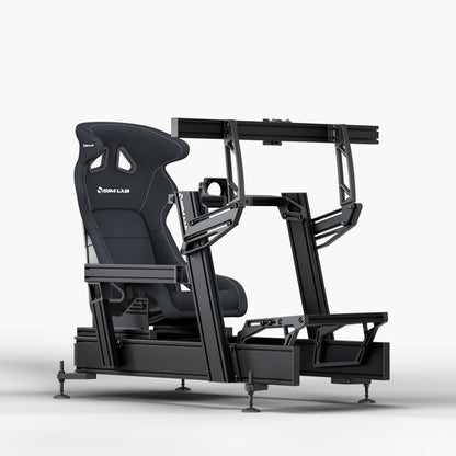 P1X Pro Sim Racing Cockpit with front mount, S1 Enduro GT Seat in black and integrated single monitor mount
