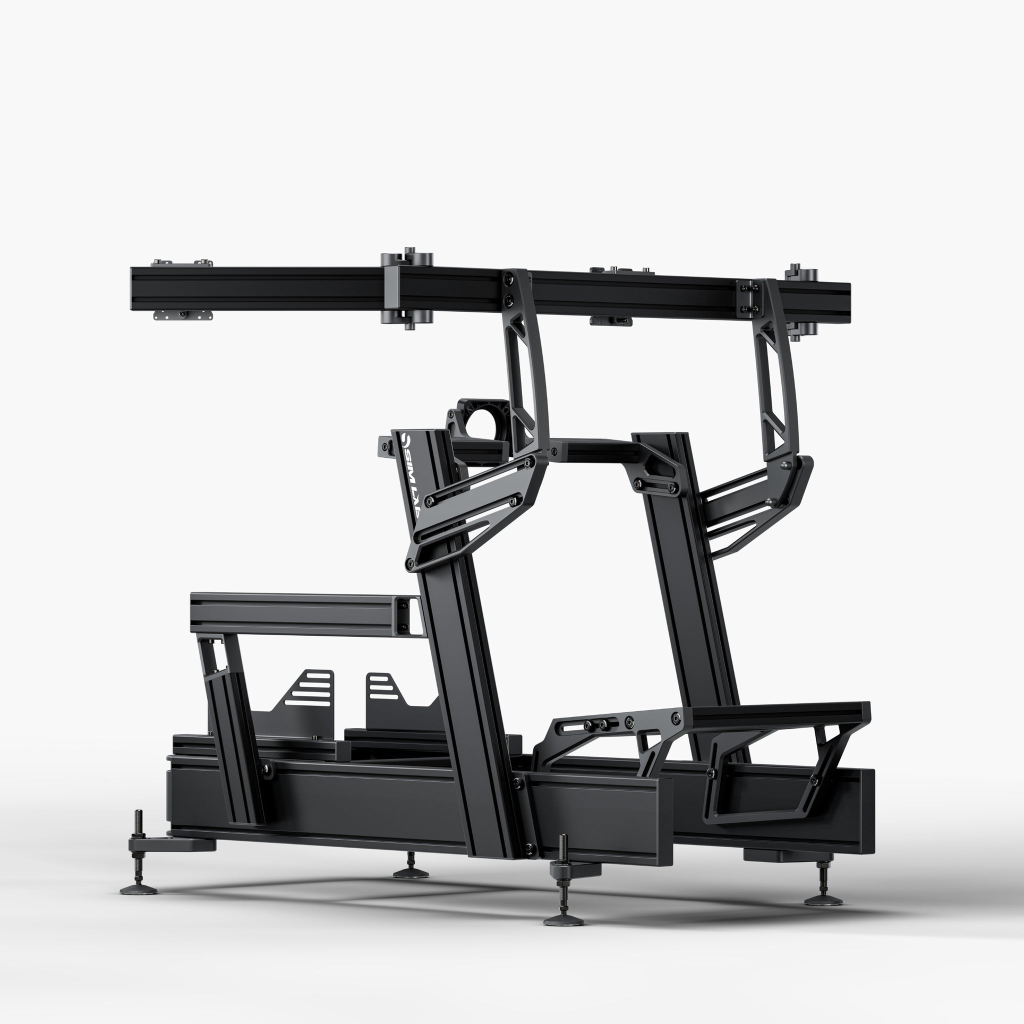 P1X Pro Sim Racing Cockpit with front mount and integrated triple monitor mount