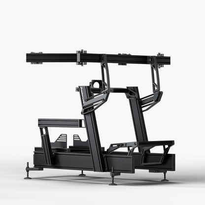 P1X Pro Sim Racing Cockpit with front mount and integrated triple monitor mount