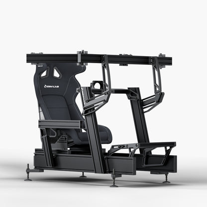 P1X Pro Sim Racing Cockpit with front mount, S1 Enduro GT Seat in black and integrated triple monitor mount
