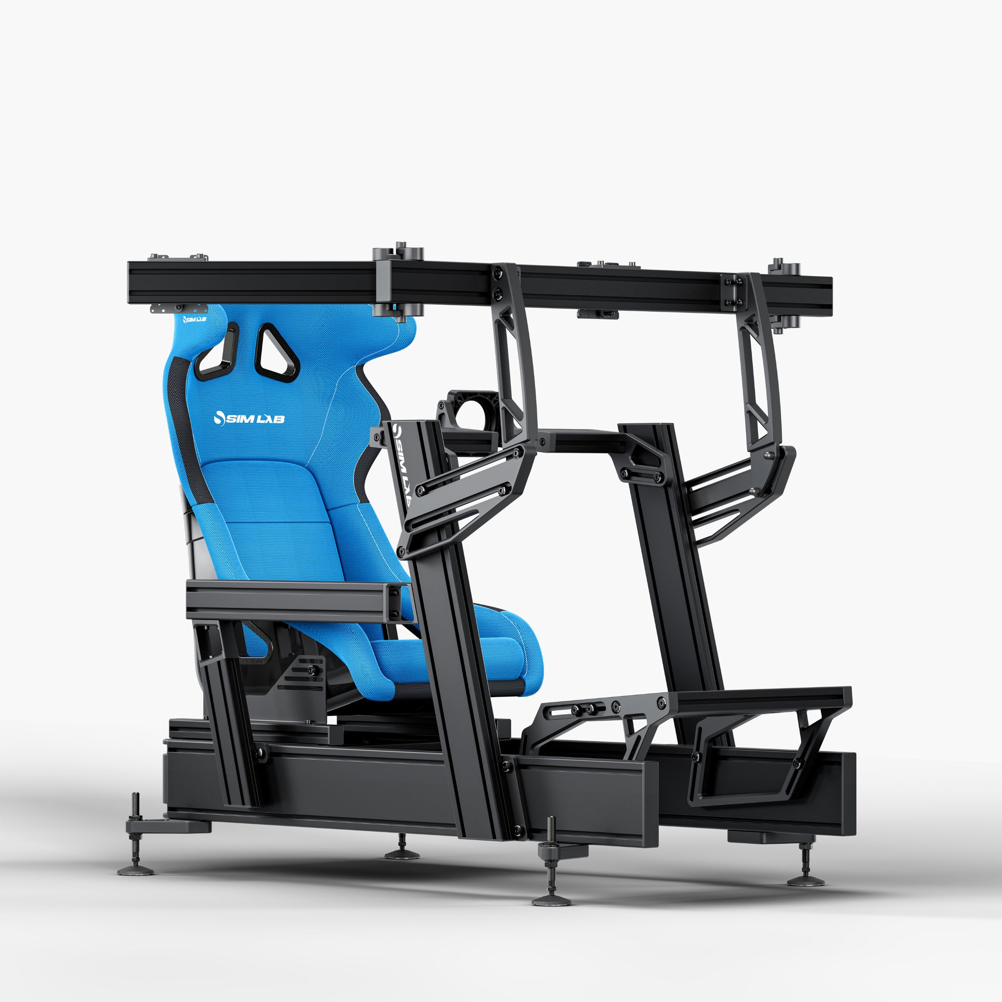 P1X Pro Sim Racing Cockpit with front mount, S1 Enduro GT Seat in blue and integrated triple monitor mount