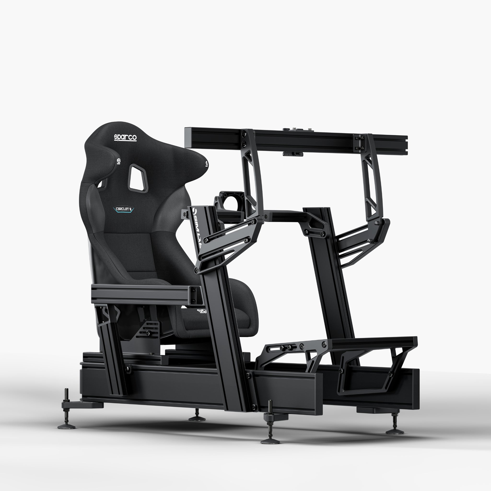 P1X Pro Sim Racing Cockpit with front mount, Sparco Circuit II Seat and integrated single monitor mount