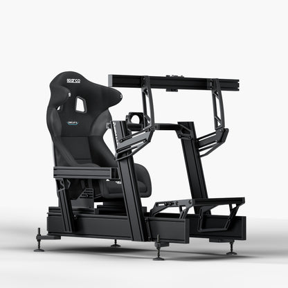 P1X Pro Sim Racing Cockpit with front mount, Sparco Circuit II Seat and integrated single monitor mount