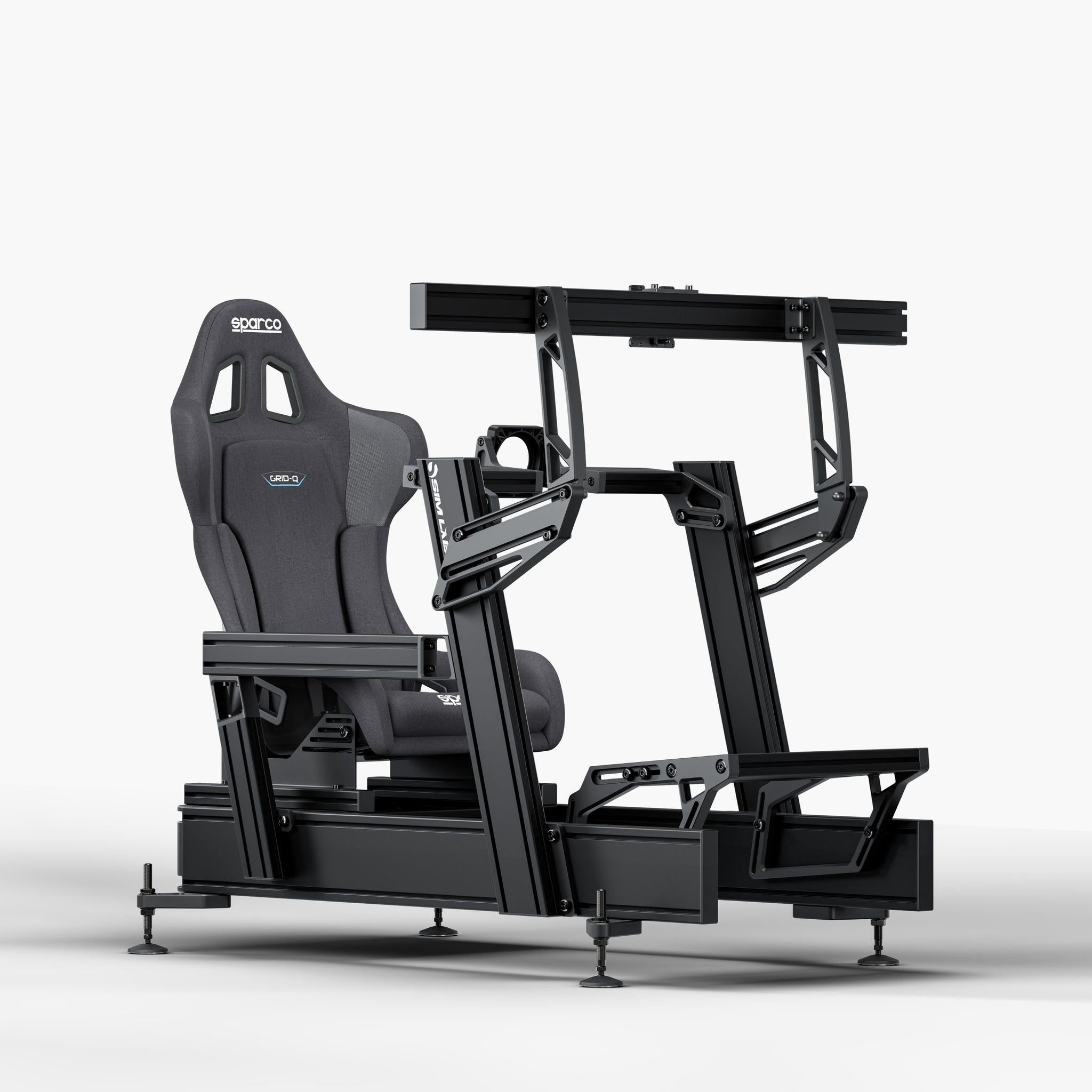 P1X Pro Sim Racing Cockpit with front mount, Sparco Grid-Q Seat and integrated single monitor mount
