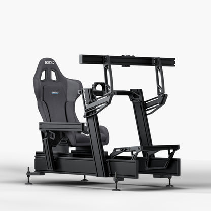 P1X Pro Sim Racing Cockpit with front mount, Sparco Grid-Q Seat and integrated single monitor mount
