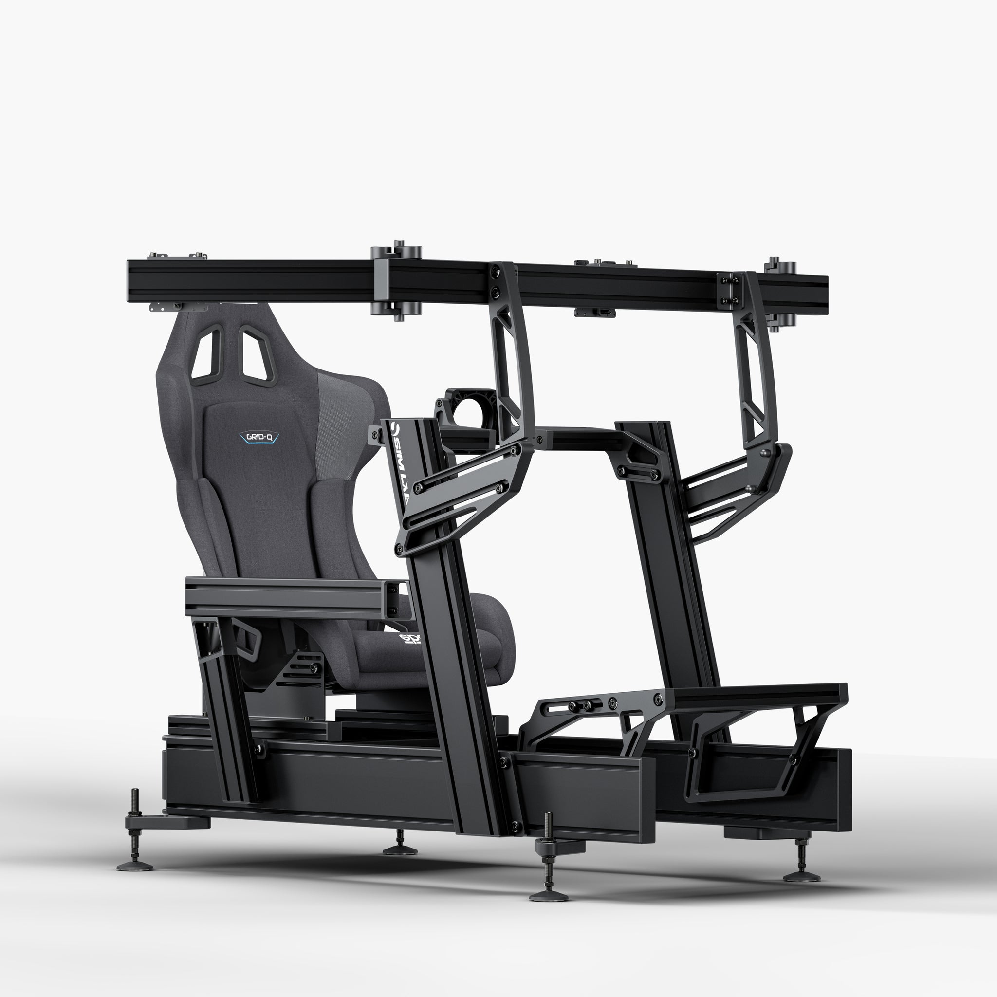P1X Pro Sim Racing Cockpit with front mount, Sparco Grid-Q Seat and integrated triple monitor mount
