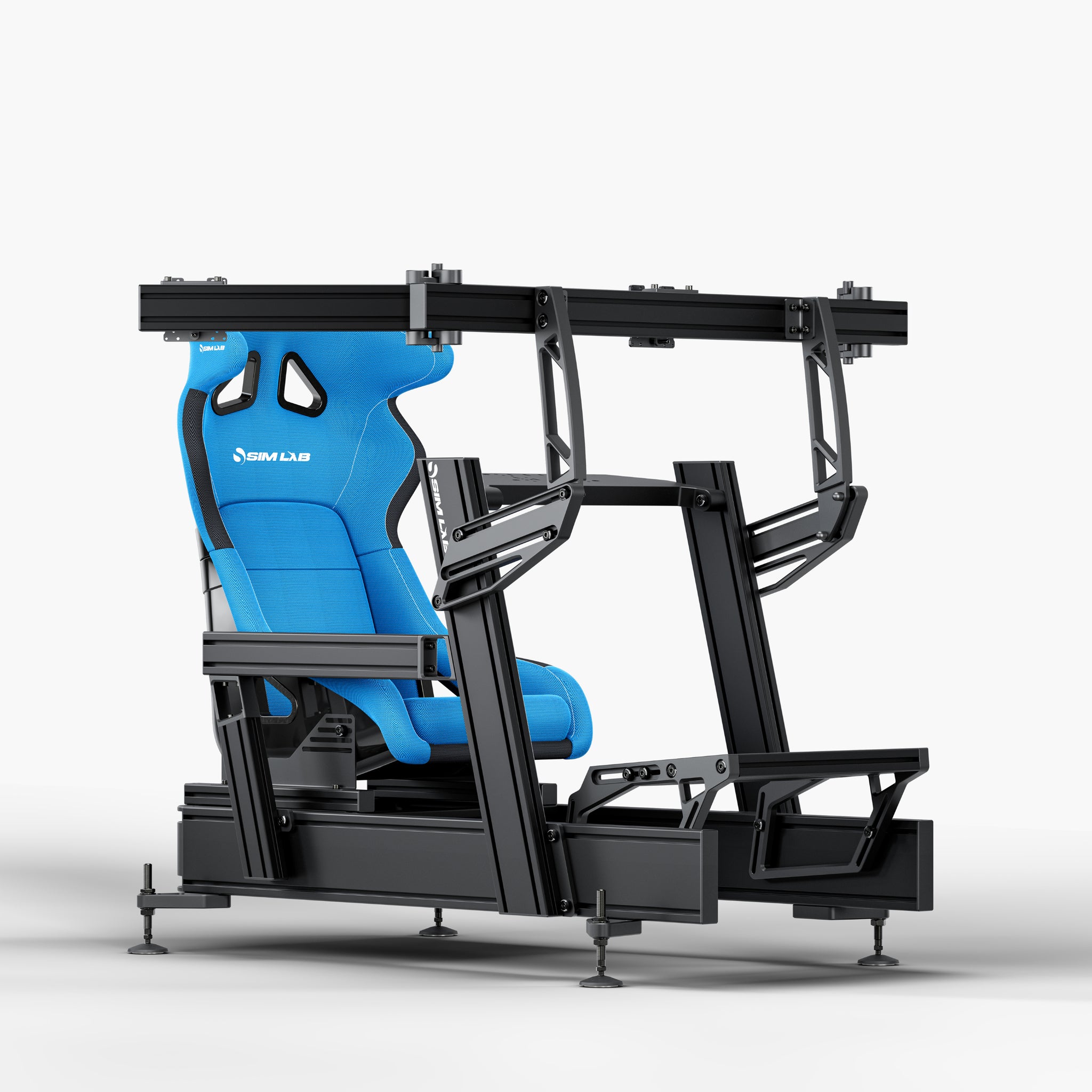 P1X Pro Sim Racing Cockpit with wheeldeck mount, S1 Enduro GT Seat in blue and integrated triple monitor mount