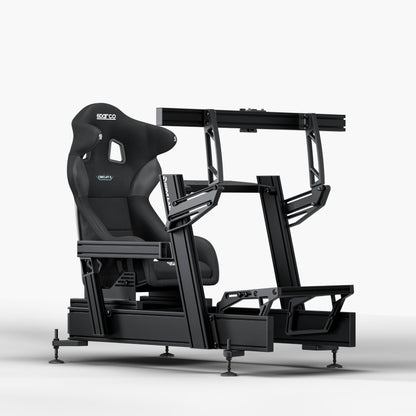 P1X Pro Sim Racing Cockpit with wheeldeck mount and Sparco Circuit II Seat and integrated single monitor mount