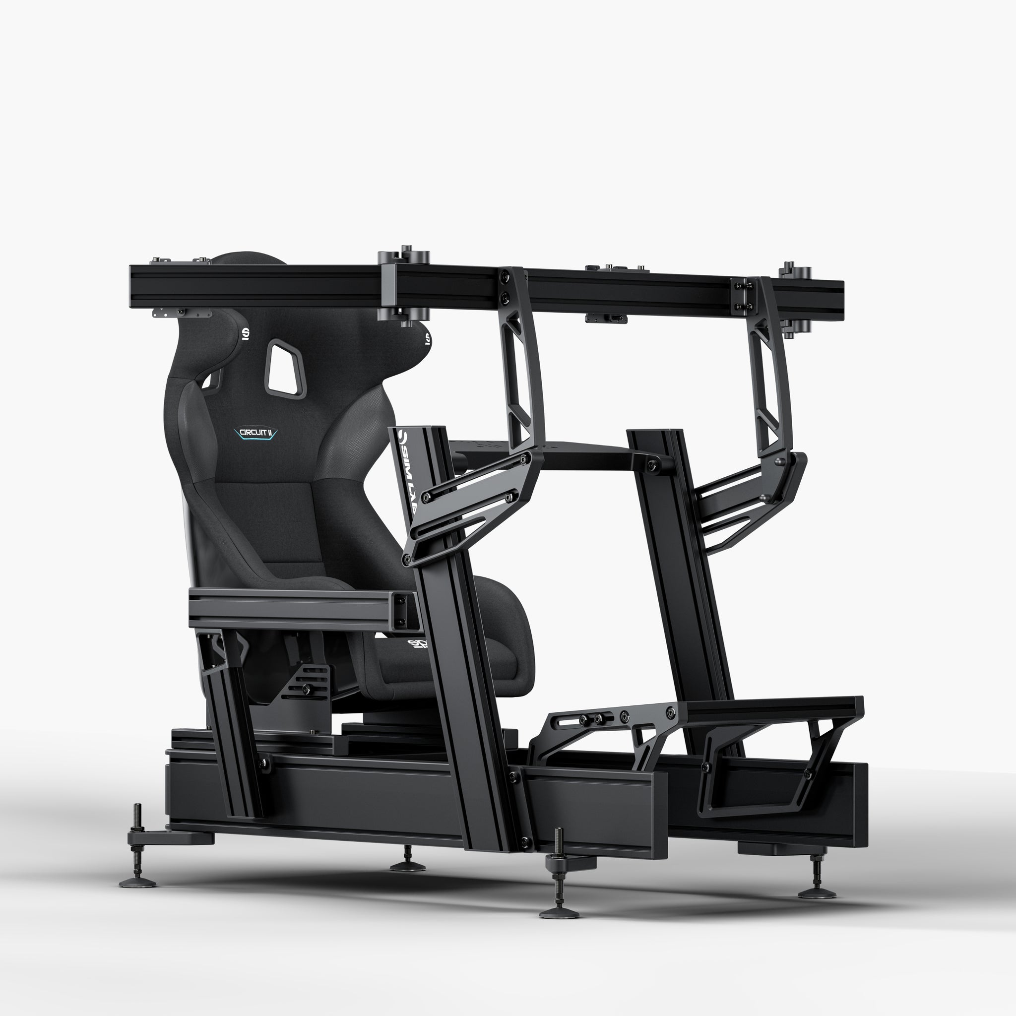 P1X Pro Sim Racing Cockpit with wheeldeck mount and Sparco Circuit II Seat and integrated triple monitor mount