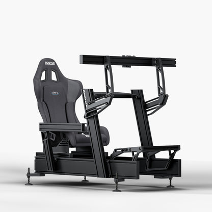 P1X Pro Sim Racing Cockpit with wheeldeck mount and Sparco Grid-Q Seat and integrated single monitor mount