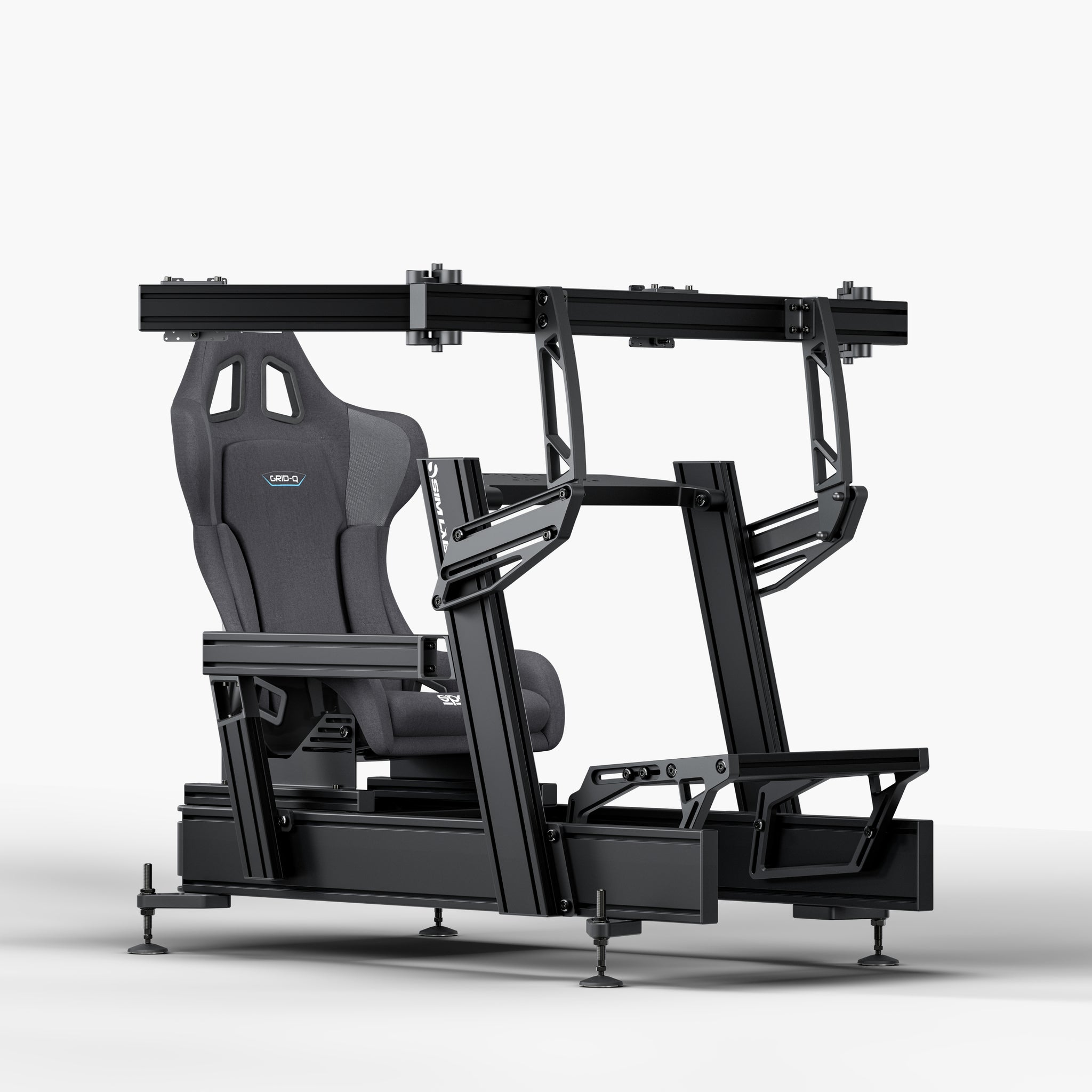 P1X Pro Sim Racing Cockpit with wheeldeck mount and Sparco Grid-Q Seat and integrated triple monitor mount