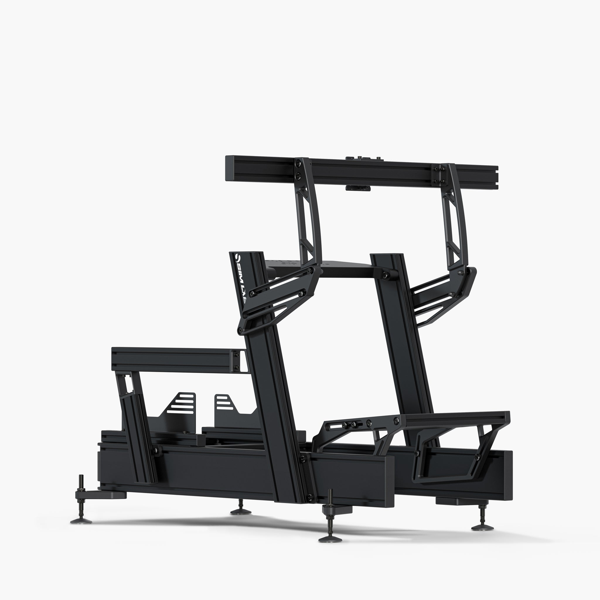 P1X Pro wheeldeck mount sim racing cockpit with a single Integrated monitor mount. 