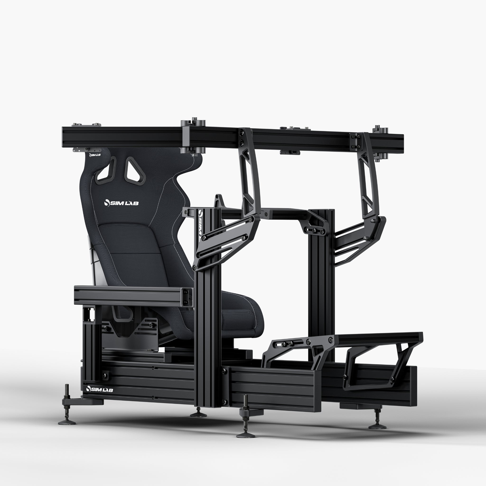 P1X Ultimate sim racing cockpit with Fanatec DD mount, S1 Enduro GT Seat in black and integrated triple monitor mount