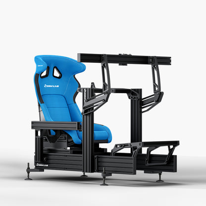 P1X Ultimate sim racing cockpit with Fanatec DD mount, S1 Enduro GT Seat in blue and integrated single monitor mount
