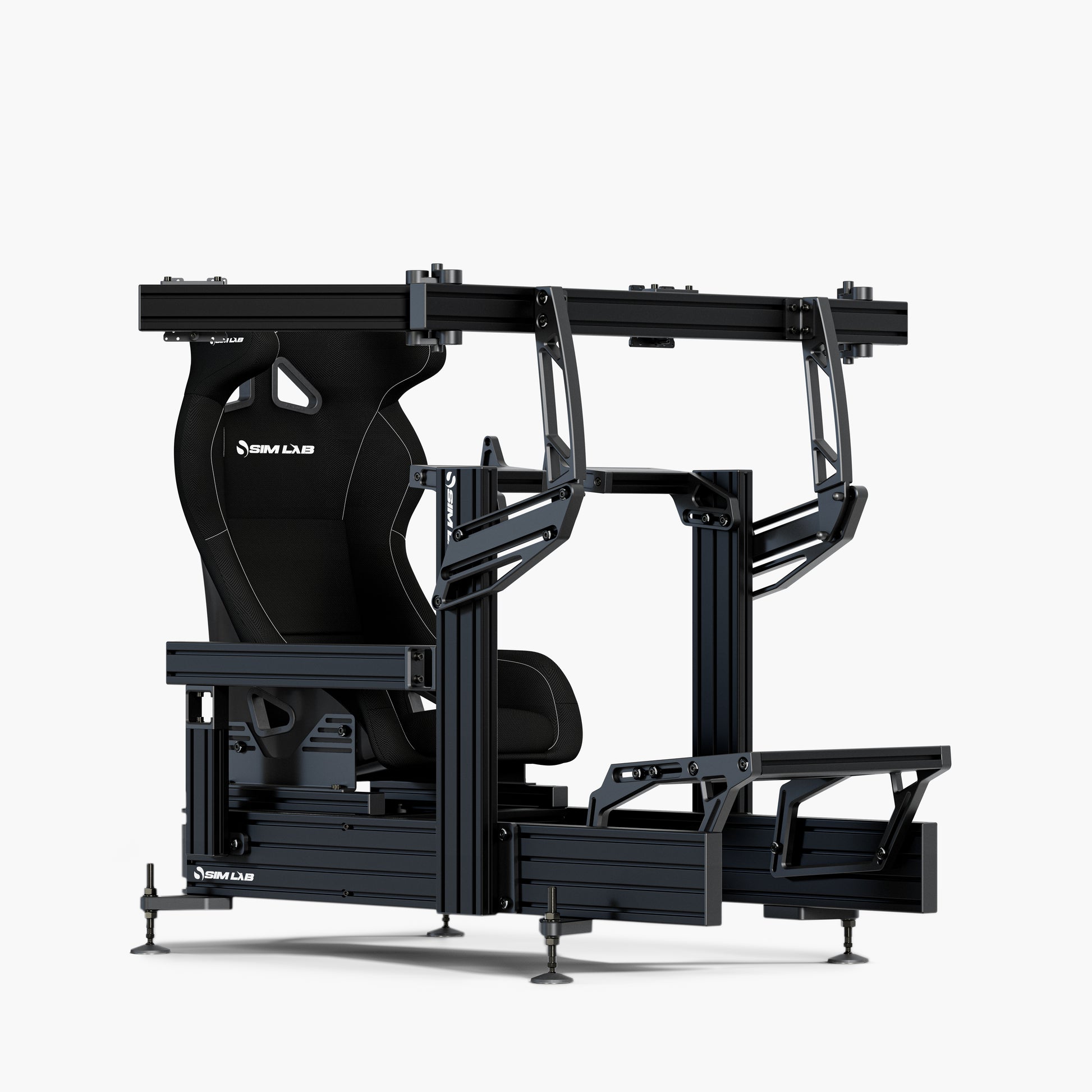 P1X Ultimate sim racing cockpit with the Fanatec DD mount, Integrated triple monitor mount, and Speed1 seat. 