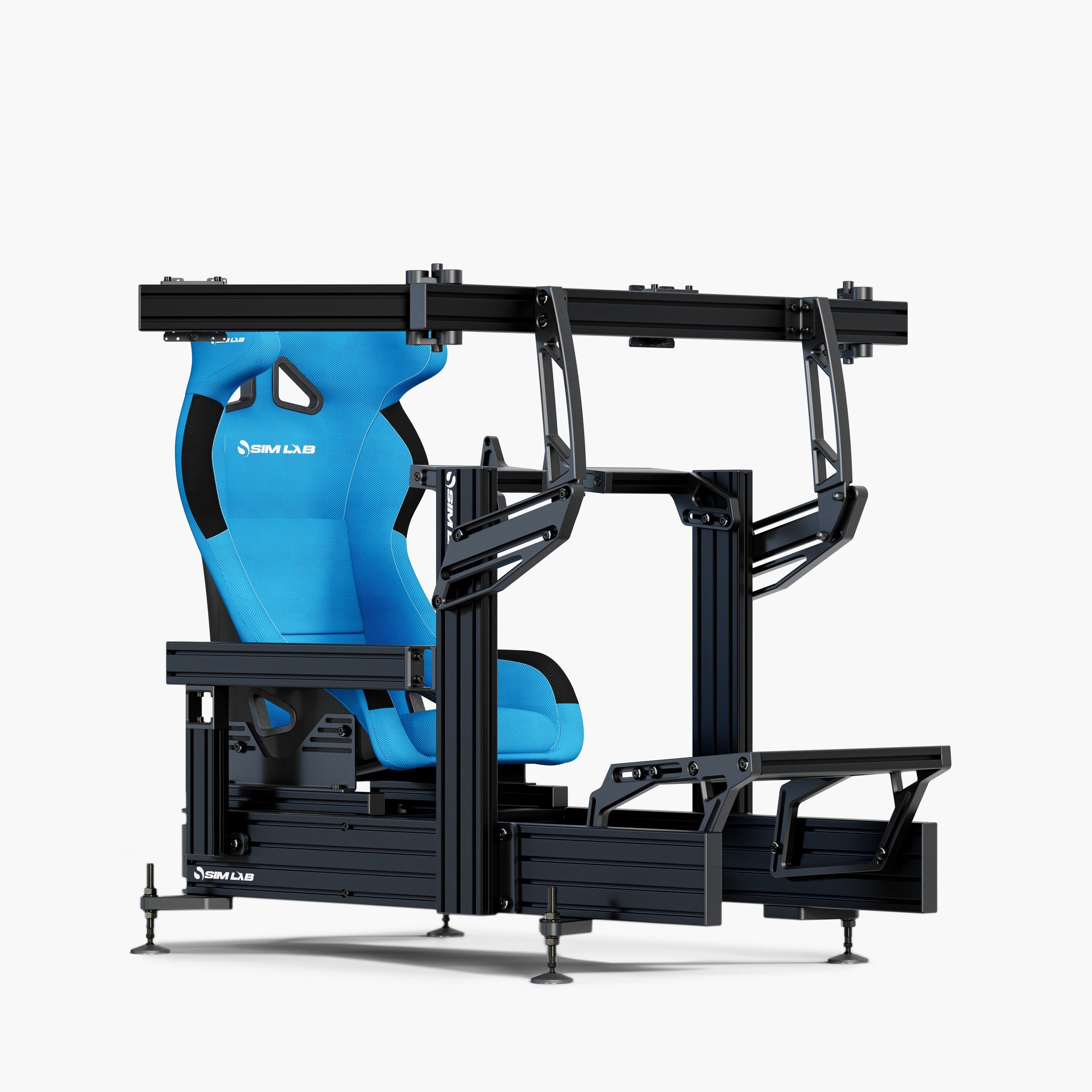 P1X Ultimate sim racing cockpit with the Fanatec DD mount, Integrated triple monitor mount, and Speed1 blue seat. 