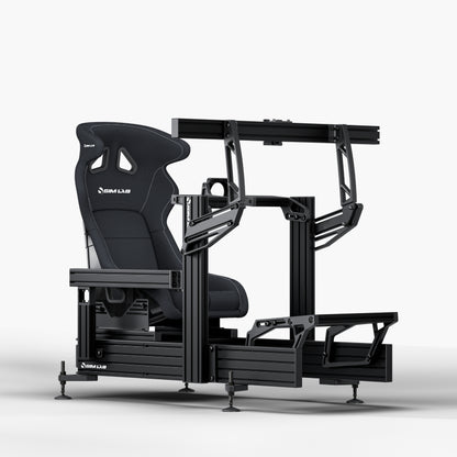 P1X Ultimate sim racing cockpit with front mount, S1 Enduro GT Seat in black and integrated single monitor mount
