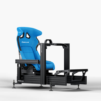 P1X Ultimate sim racing cockpit with front mount, S1 Enduro GT Seat in blue
