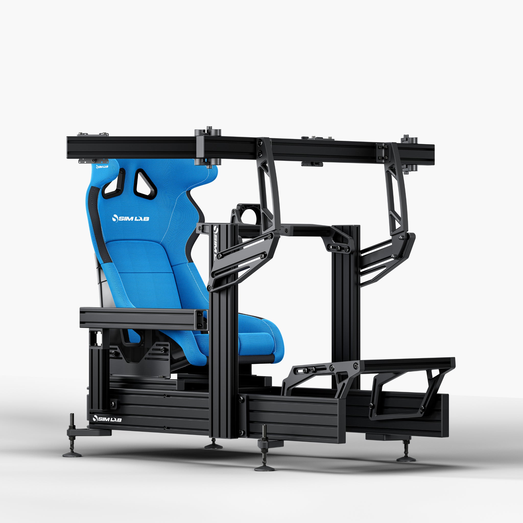 P1X Ultimate sim racing cockpit with front mount, S1 Enduro GT Seat in blue and integrated triple monitor mount
