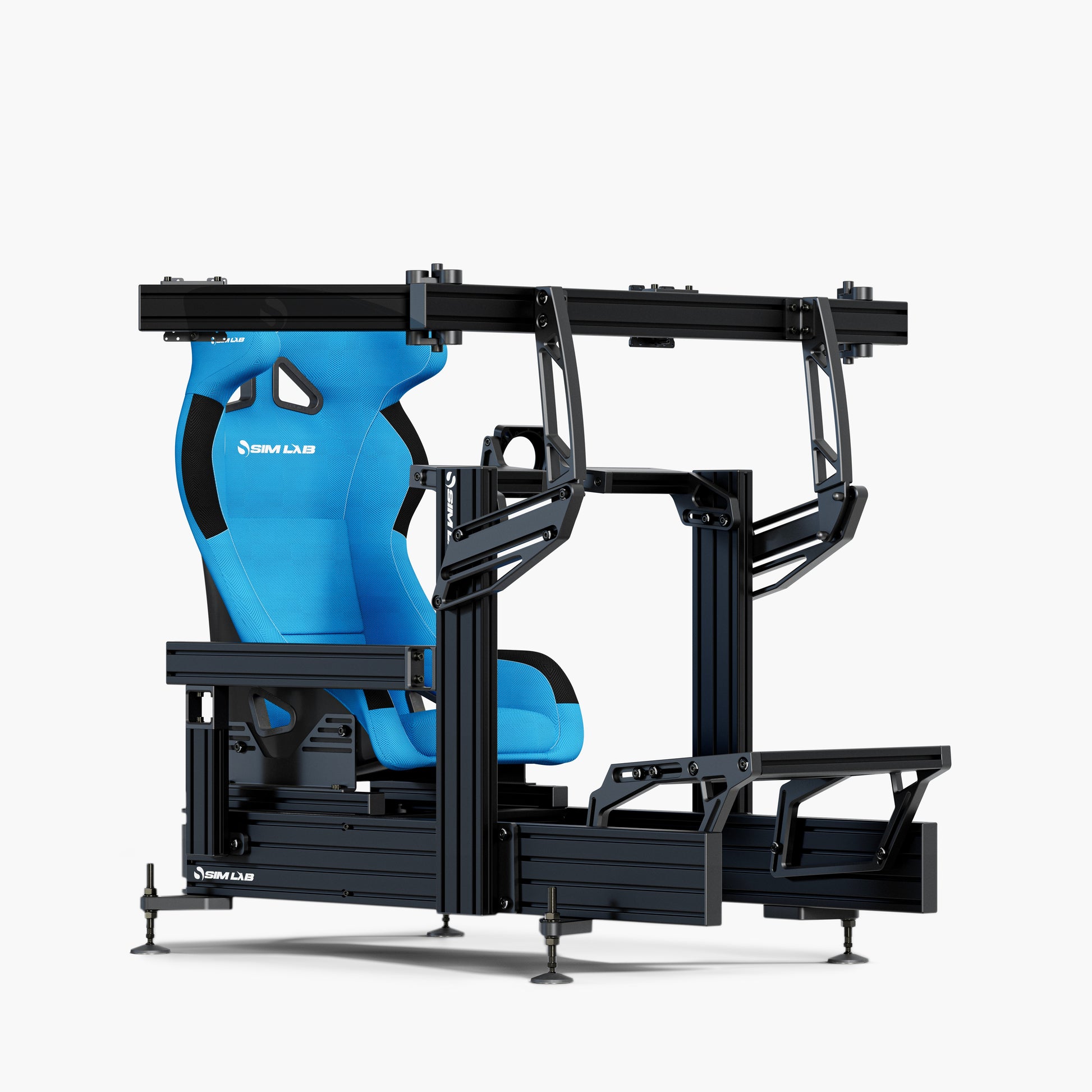 P1X Ultimate sim racing cockpit with the front wheel mount, the triple Integrated monitor mount, and Speed1 blue seat.