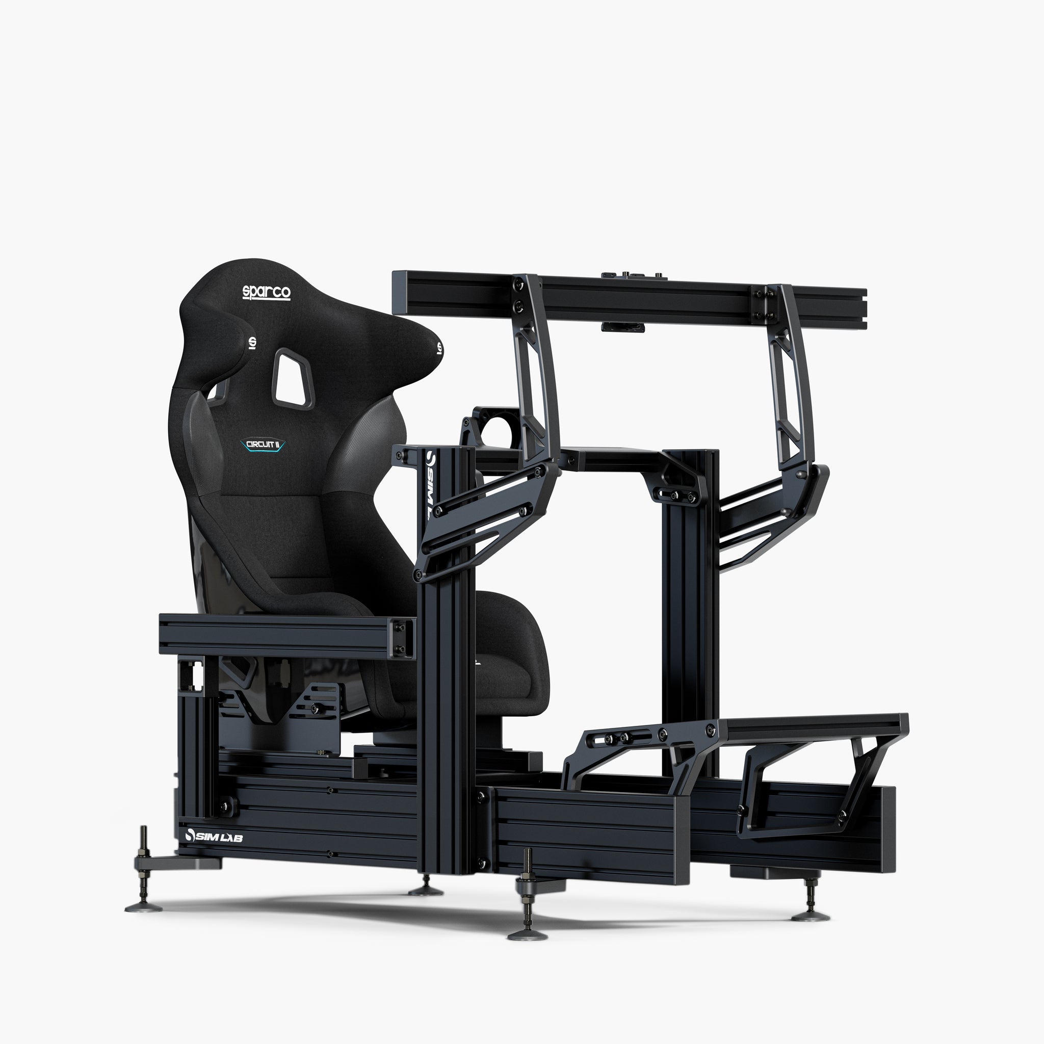 P1X Ultimate sim racing cockpit with the front wheel mount, the single Integrated monitor mount, and Sparco Circuit black seat.
