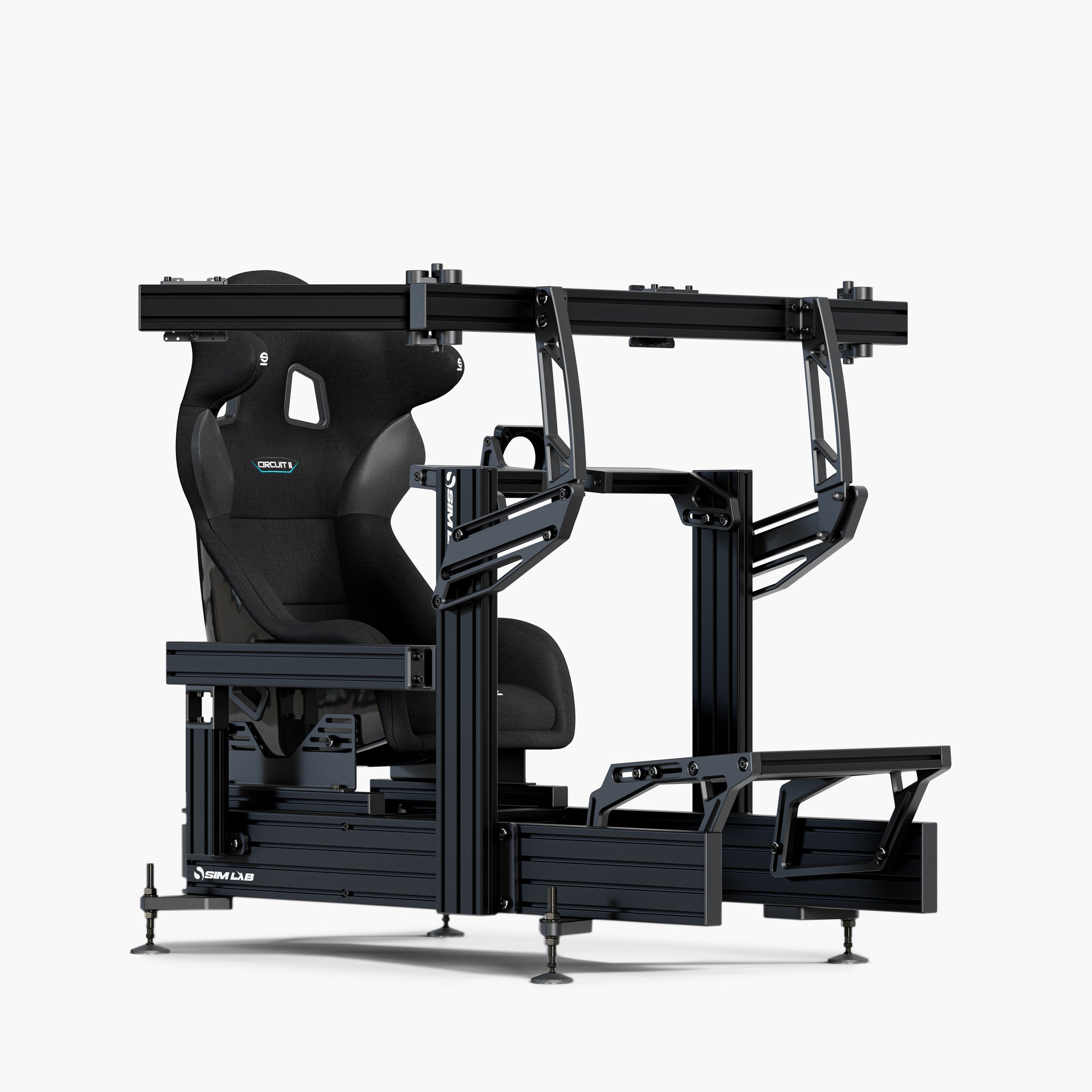 P1X Ultimate sim racing cockpit with the front wheel mount, the triple Integrated monitor mount, and Sparco Circuit black seat.