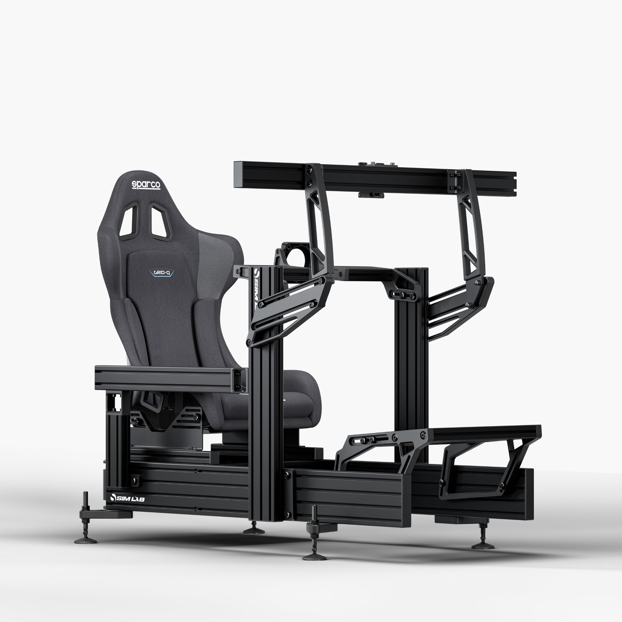 P1X Ultimate sim racing cockpit with front mount, Sparco Grid-Q and integrated single monitor mount
