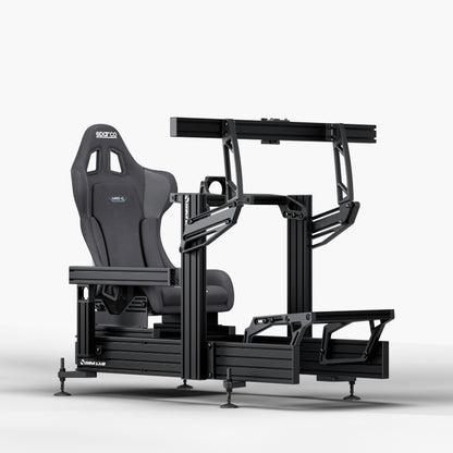 P1X Ultimate sim racing cockpit with front mount, Sparco Grid-Q and integrated single monitor mount
