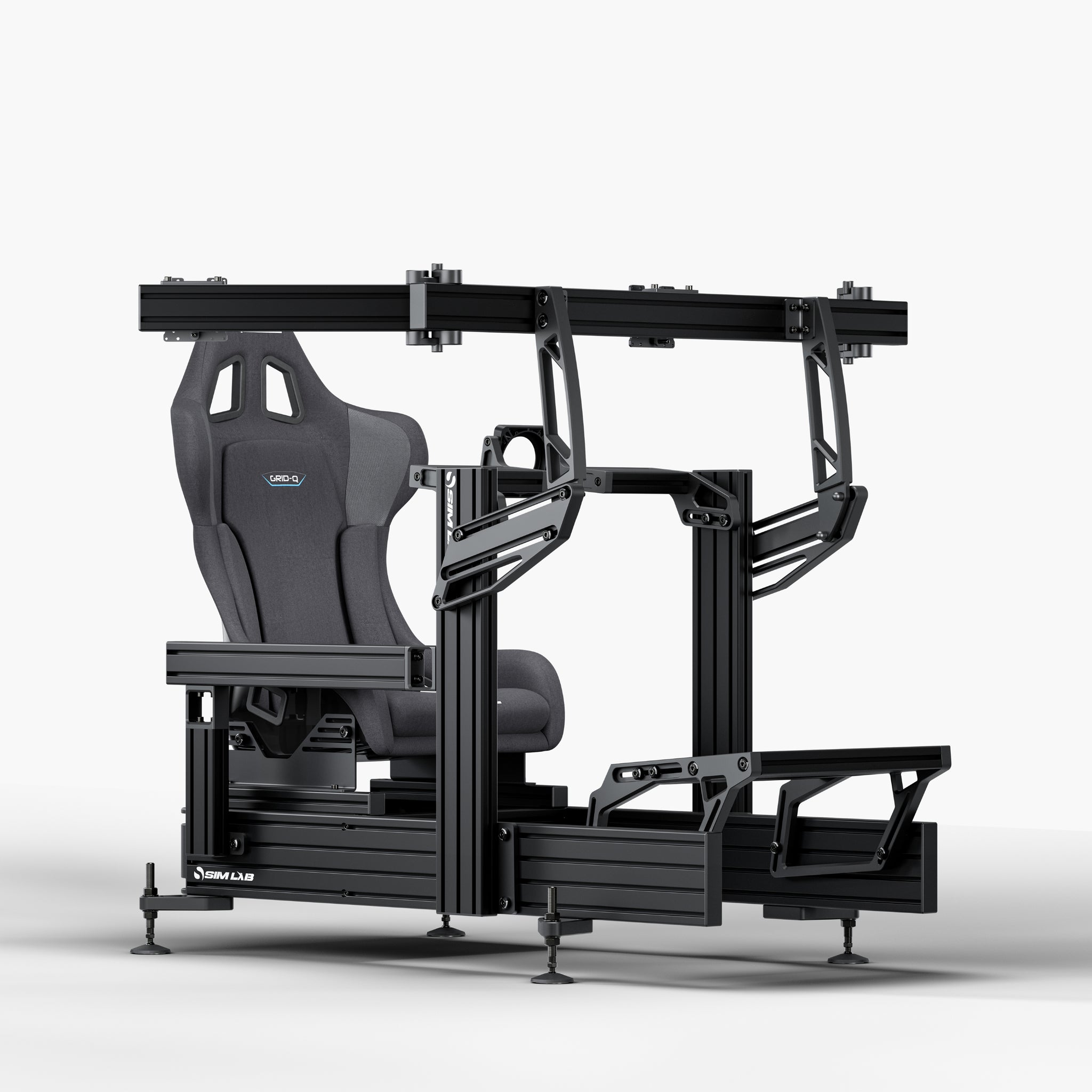 P1X Ultimate sim racing cockpit with front mount, Sparco Grid-Q and integrated triple monitor mount
