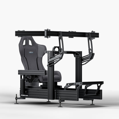 P1X Ultimate sim racing cockpit with front mount, Sparco Grid-Q and integrated triple monitor mount

