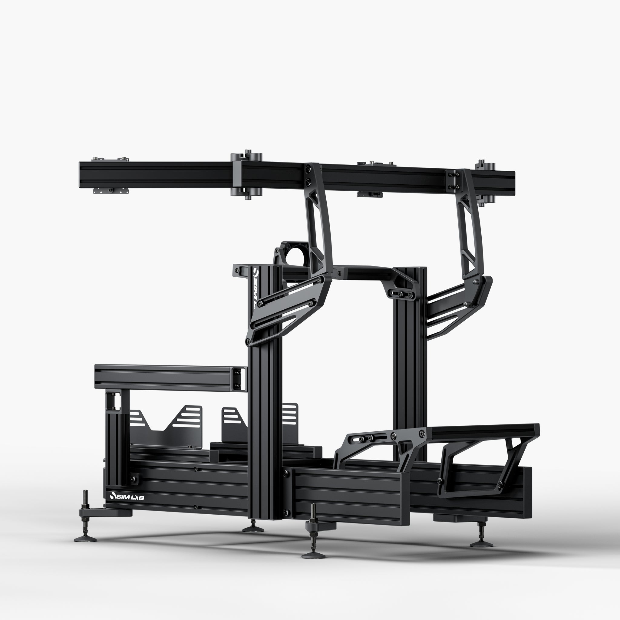 P1X Ultimate sim racing cockpit with front mount and integrated triple monitor mount